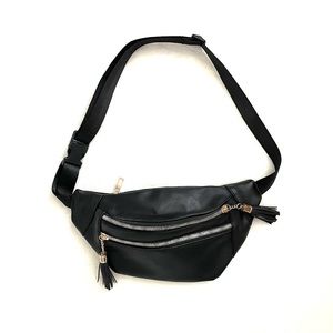 Black and Gold Crossbody Fanny Pack Bag with Zippers and Adjustable Straps